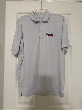 Antigua White and Gray Striped Braves Polo